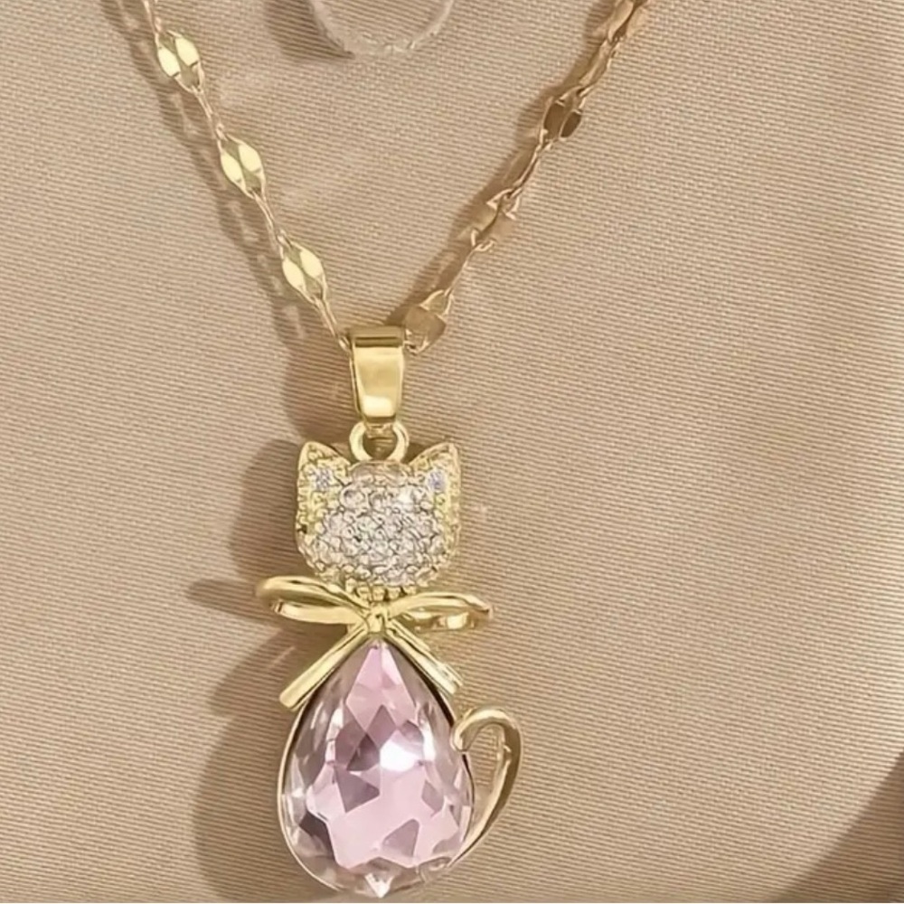 Gold Pink Gemstone Cat Necklace.